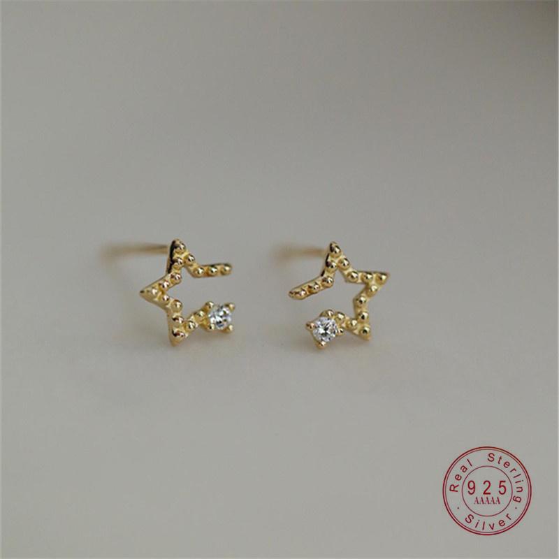 925 Sterling Silver Electroplated 14K Gold Asymmetric Star Zircon Earrings for Women Student Mini Simple Jewelry