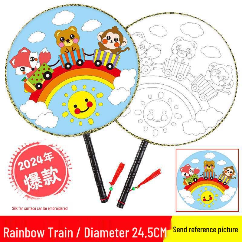 DIY Children's Silk Cloth Round Fan with Bamboo Handle - Palace Style Hand-Painted Kindergarten Craft