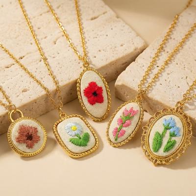 Flower Handmade Embroidered Pendant Charm Necklace 18K Gold Plated 304 Stainless Steel Link Cable Chain Women Jewelry Gift