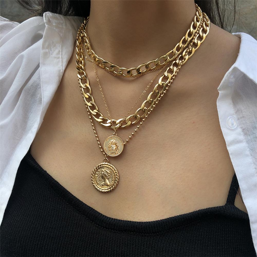 Fashion Thick and Thin Chain Multi-layer Necklace for Women Men Punk Figure Circular Pendant Necklace Vintage Jewelry