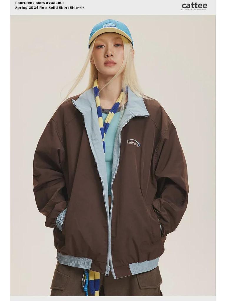 CATTEE Zweifarbige Kontrastjacke mit Stehkragen - Unisex Lässig Frühling/Herbst Lockere Passform
