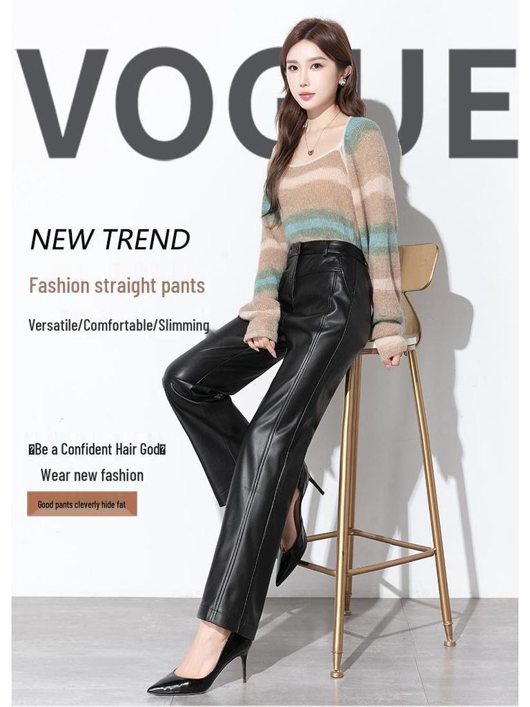 Haining Women's 2025 High-Waist Leather Pants: Slimming, Wide-Leg, Pure Sheepskin, Casual Style