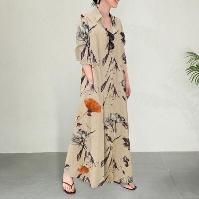 Women's Floral Printed Maxi Dress Button Down Long Sleeve Shirt Dress Lapel V Neck Loose Dress with Pockets