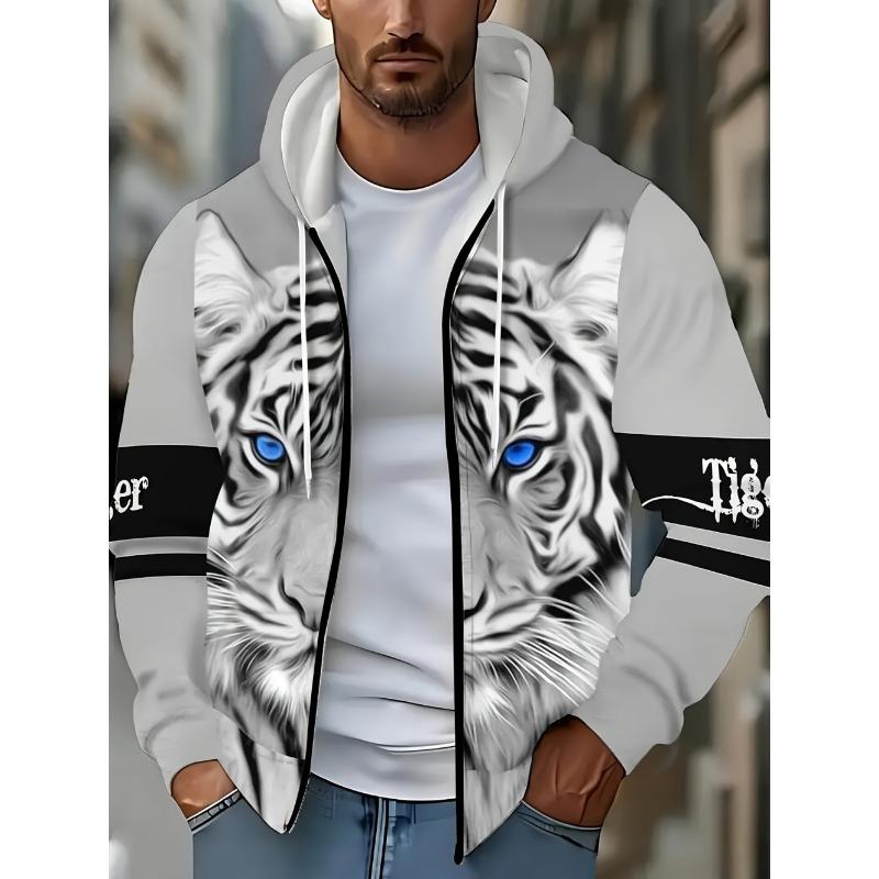 Herren Kapuzenpullover mit Reißverschluss und Tiger-Grafik, Langarm, Lässiger Outdoor-Mode-Mantel mit Kordelzug und Taschen, Reißverschluss-Kapuzenpullover für den Mann
