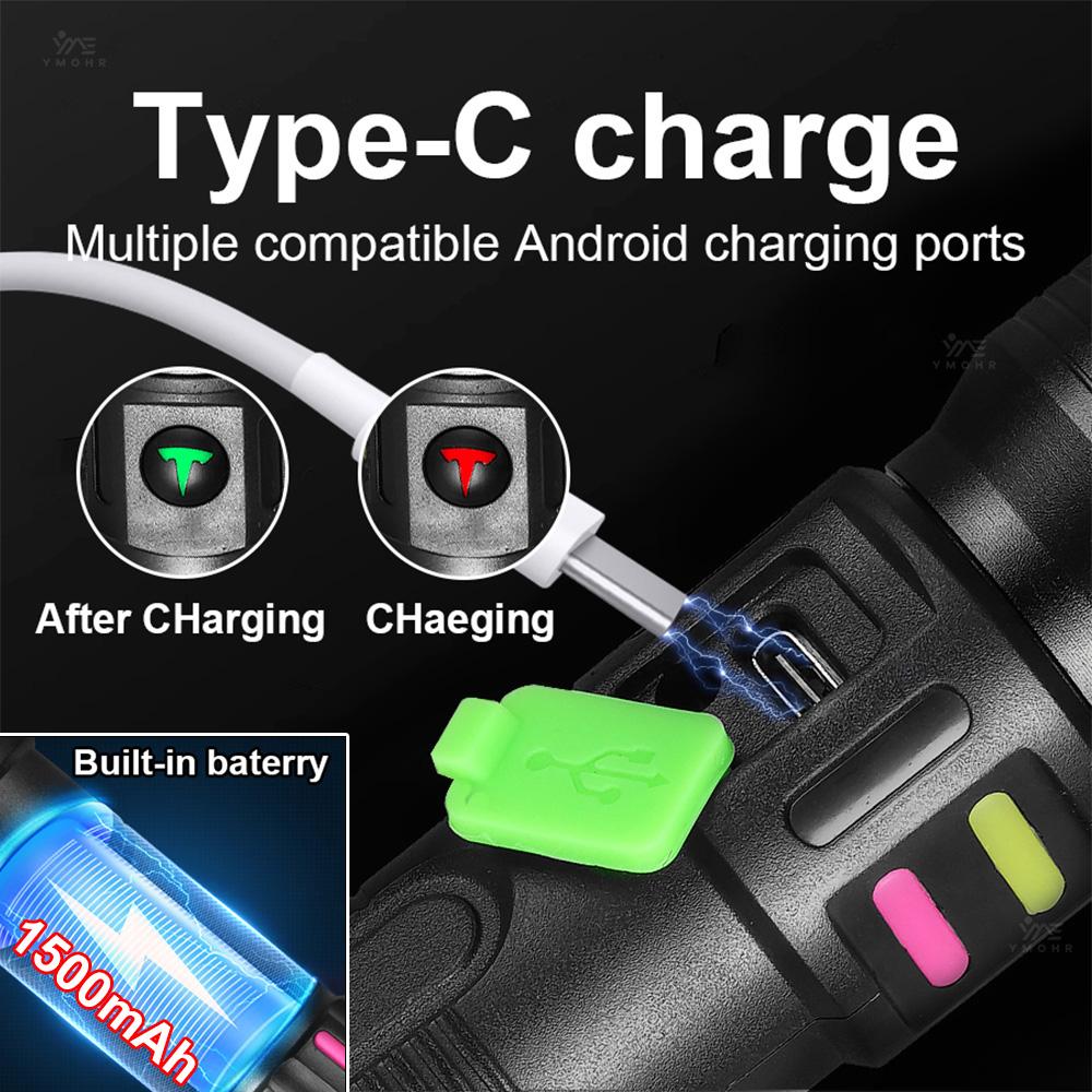 White Laser High Power Flashlight USB C Rechargeable Flashlight 18650 EDC Torch Lamp with Side Lights Work Light Camping Lantern