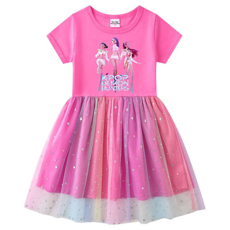 Vestito Corto a Maniche Corte Kpop Demon Slayer con Paillettes Arcobaleno e Rete – Primavera, Estate, Autunno
