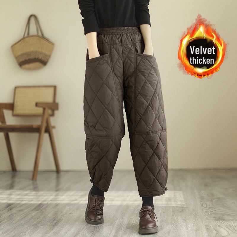 Women's High Waisted Padded Quilted Down Pants Winter Warm Windproof Ski Snow Pants with Pockets