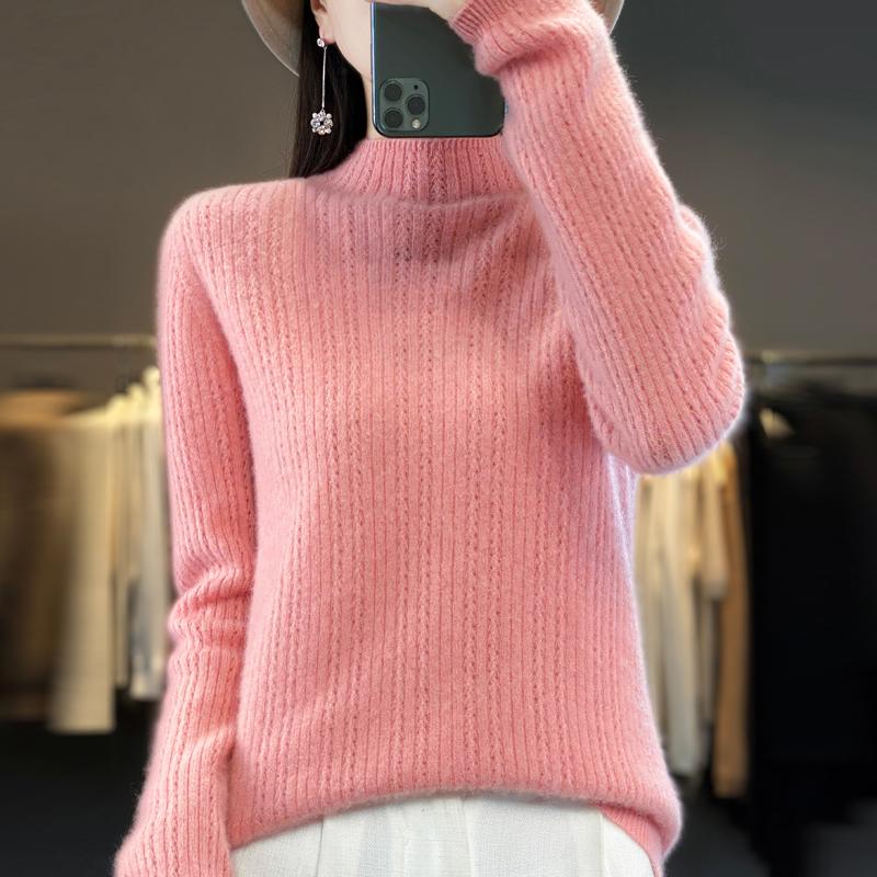 Damski sweter z półgolfem, kaszmir Qinghe, 30% kaszmiru, 70% wełny, zimowy sweter dzianinowy, jesienny sweter kaszmirowy