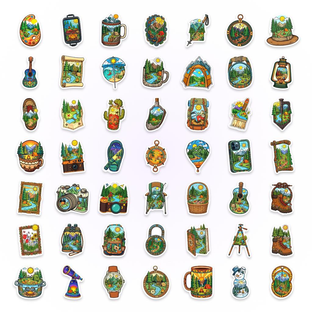 50 Outdoor Camping Adventure Stickers Mountain River Tent Campfire Tourism Scenic Container Material Stickers