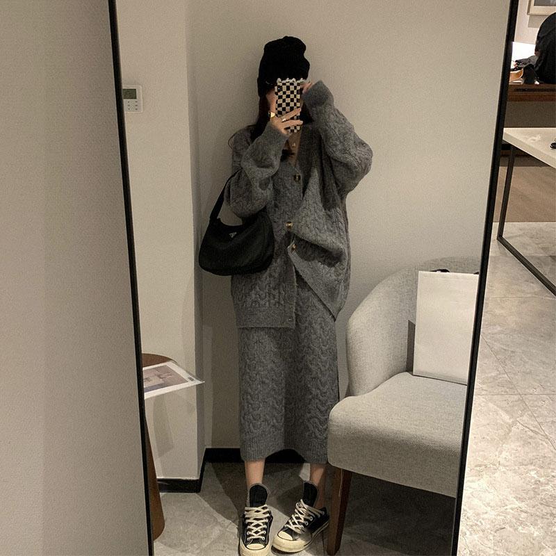 Frauen Pullover Winter Zwei Stück Sets Elegnat Gestrickte Pullover Vintage Frauen Rock Hohe Taille Herbst Vintage Vestidos