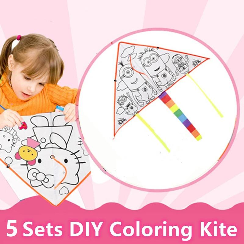 5Pcs Diy Coloring Painting Kite Easy To Fly White Kite Blank With Swivel Line Children'S Outdoor Park Beach Grassland Activities