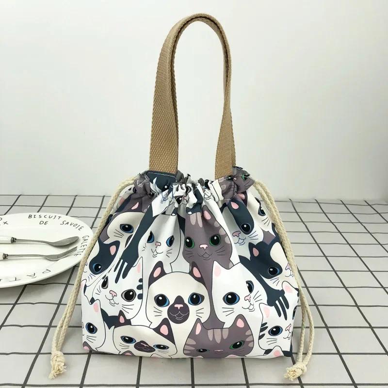 Cute Cartoon Print Bento Bag Casual Drawstring Portable Tote Lunch Bags Canvas Food Picnic Bags Lunch Bags for Work