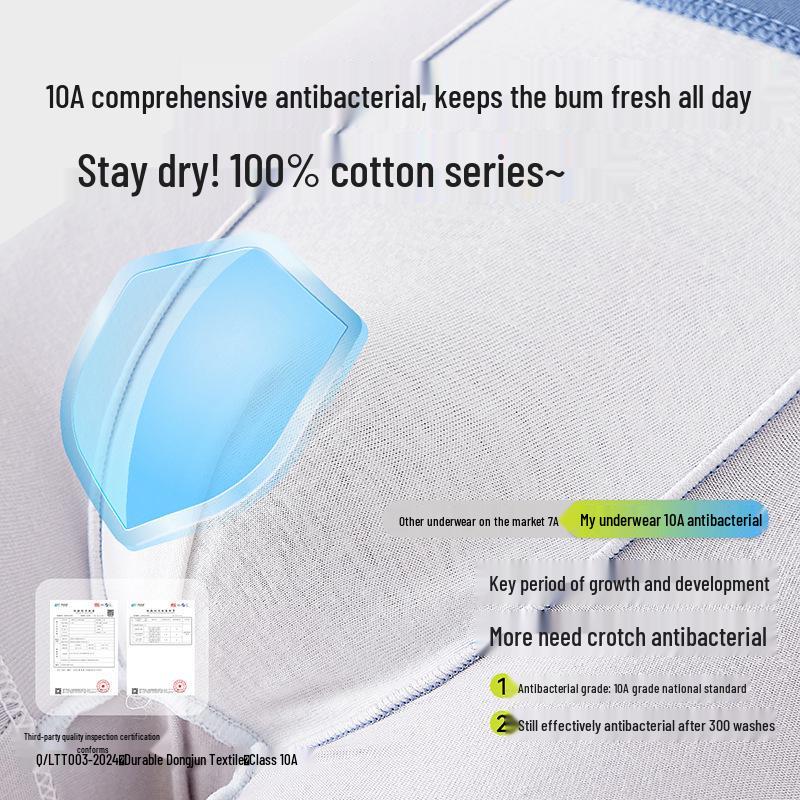 Boys' Pure Cotton Class A Underwear - Teen & Large Sizes, Full Cotton Crotch, Antibacterial Boxer Briefs