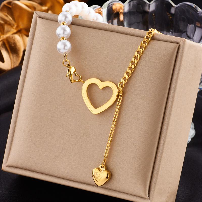 DIEYURO 316L Stainless Steel Gold Heart Pearl Pendant Necklace For Women Punk Street Rustproof Neck Jewelry Party Gift
