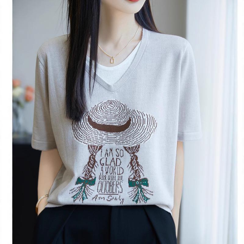 

Spring and Summer Knitted Short-sleeved T-shirt WoMan s Printed Color Matching Round Neck Pullover Top WoMan S сірий