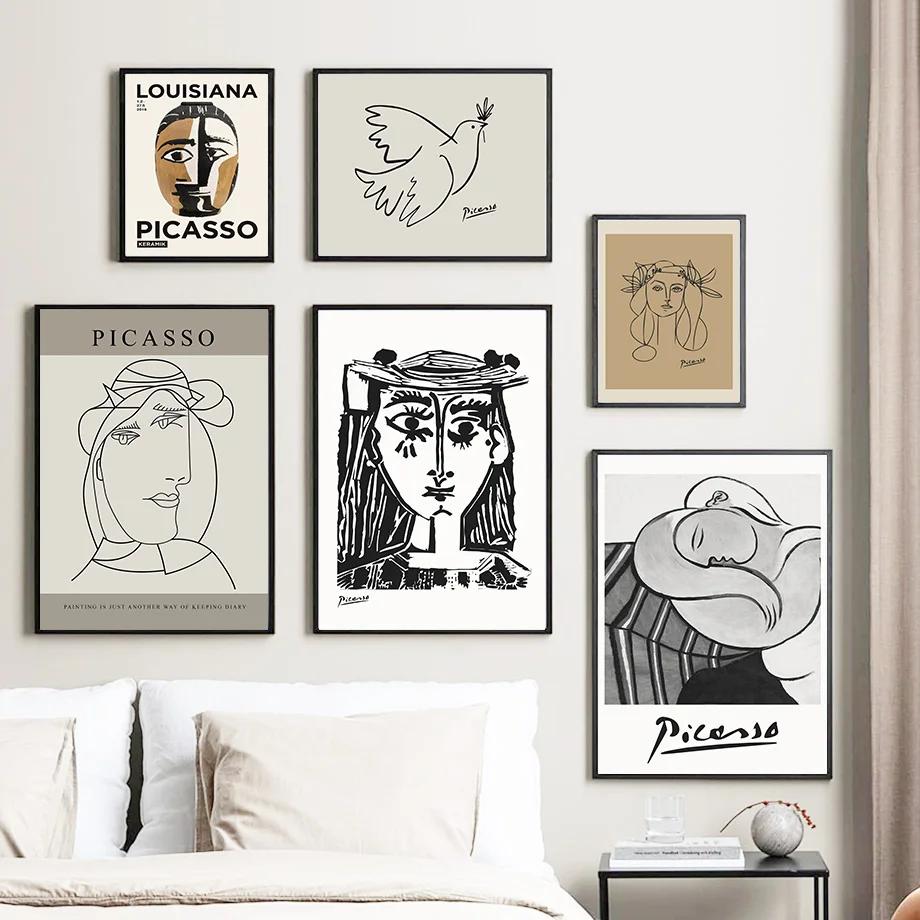 Abstract Line Woman Face Bird Dog Picasso Wall Art Mural Canvas Painting Posters And Prints Wall Pictures For Living Room Decor