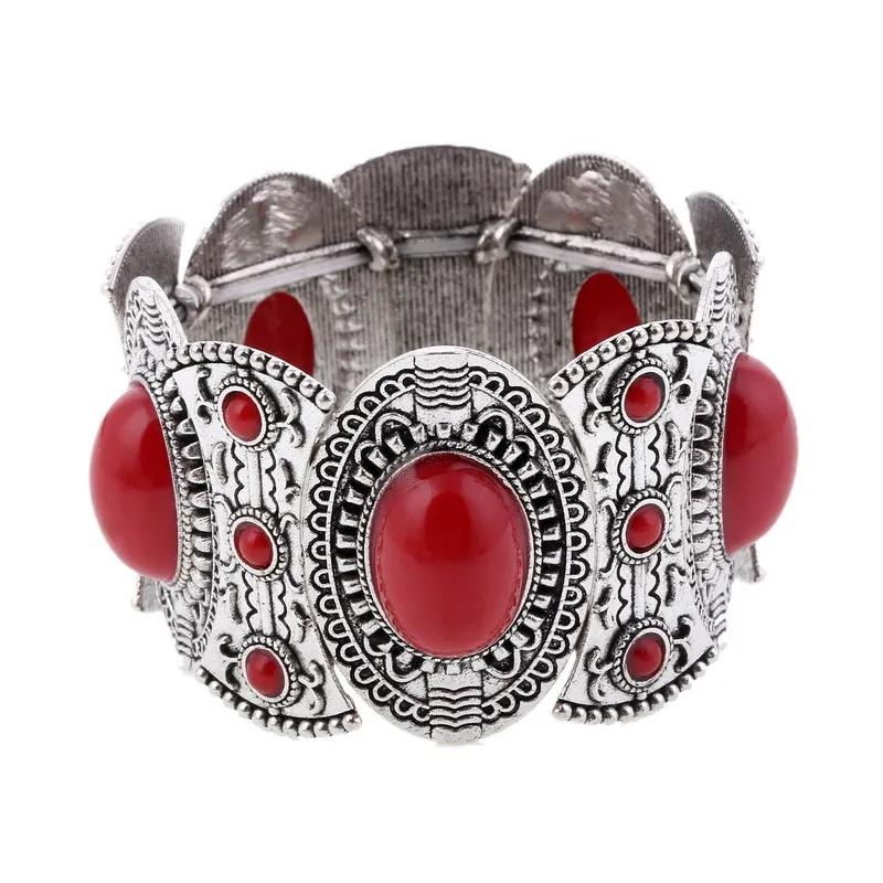 

Vintage Boho Imitation Turquoises Elastic Bracelets Bangles for Women Ethnic Carved Silver Color Metal Bracelet Vacation Jewelry красный