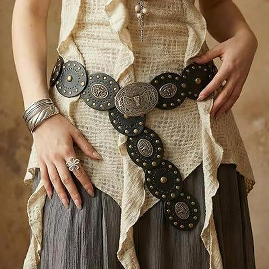 Women's Retro Oval Western-Style Leather Belt with Denim Waistband Decoration