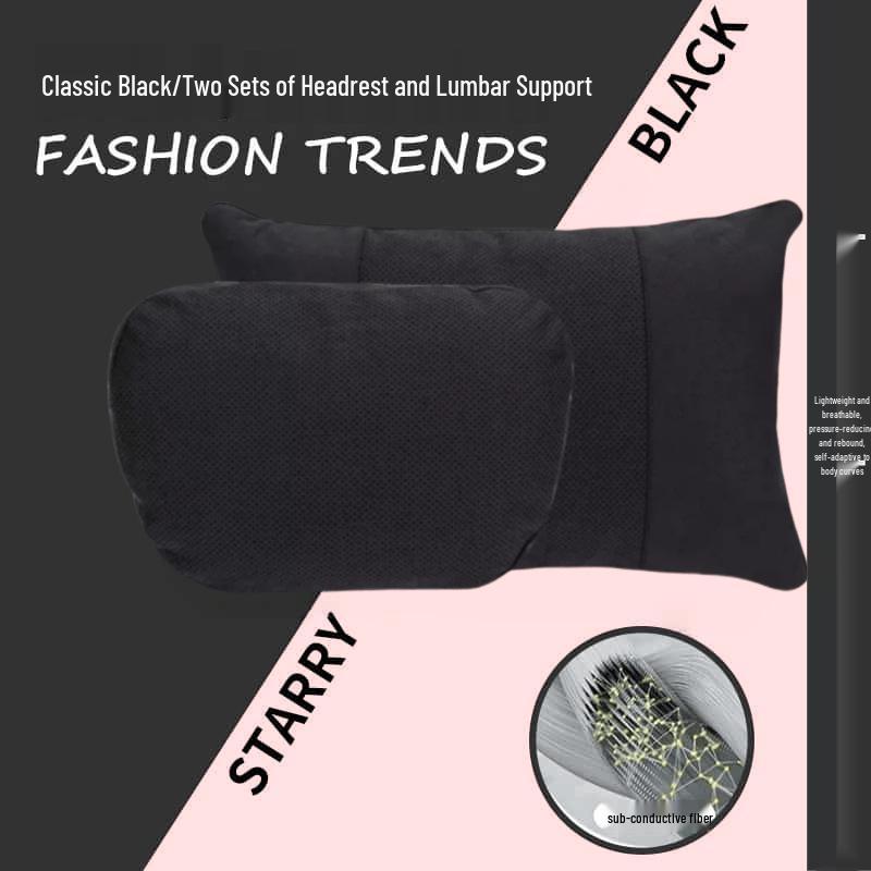 Adjustable Car Headrest & Lumbar Support - Breathable Suede, Perforated, Universal Neck Protection for Sedan Seats