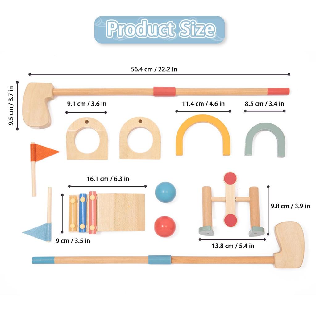 UMU 15-Piece Wooden Mini Golf Set with Obstacles, Balls, Clubs, and Accessories, Suitable for Indoor and Outdoor Play, Montessori-Style Educational