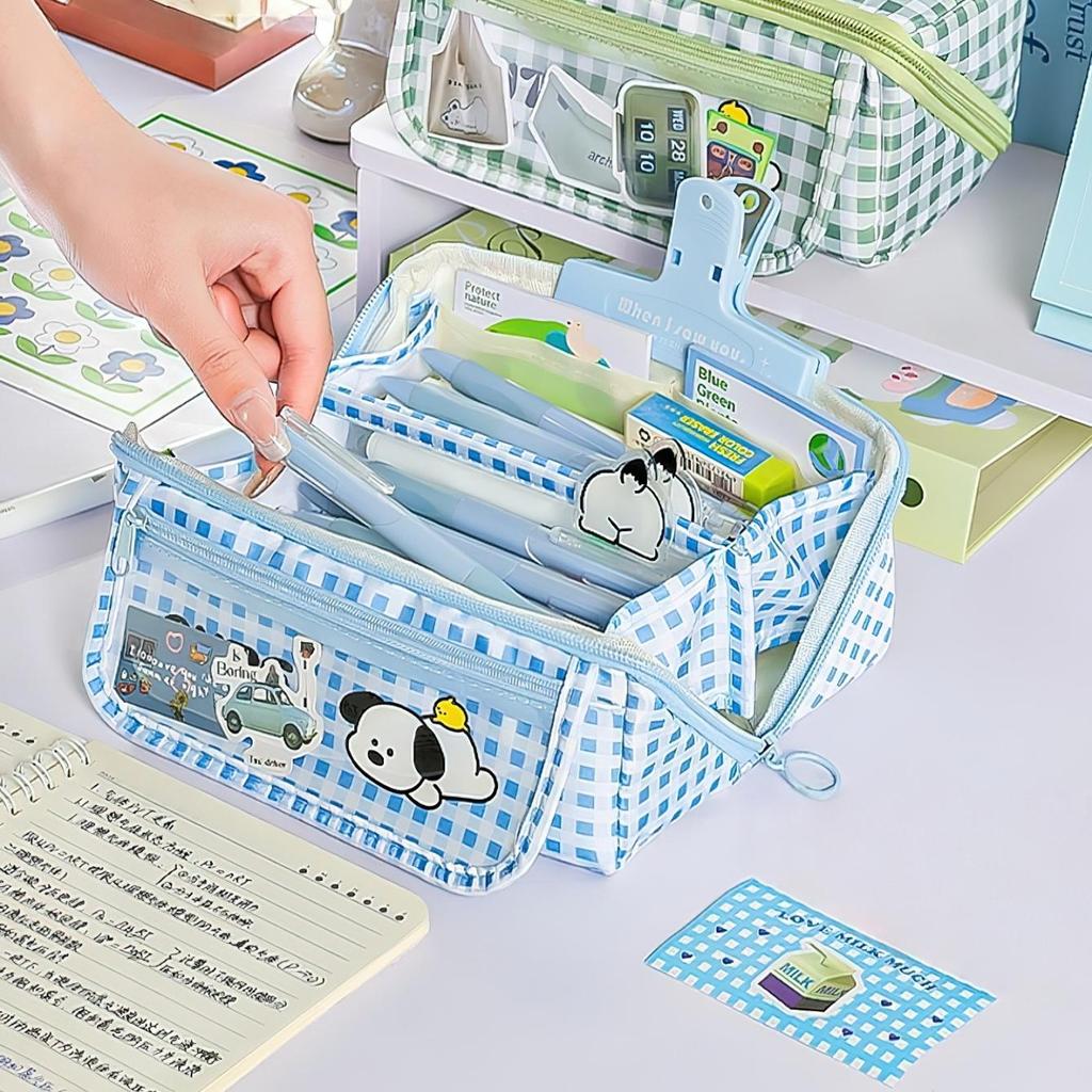 Cute Plaid Puppy Large Capacity Pencil Case Multi-Function Cartoon Stationery Bag with Prism Design Stain Resistant