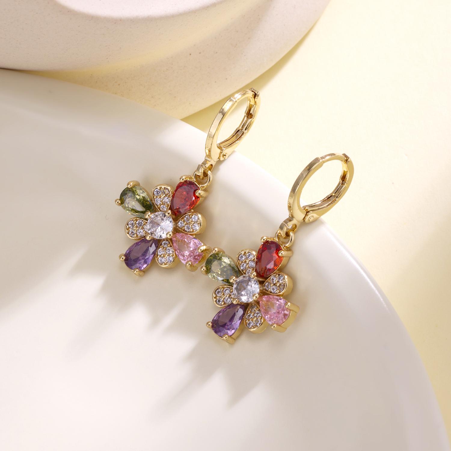 

Nidin Multicolor Zircon Flower Hoop Earrings For Women Elegant Pearl Sunflower Dangle Ear Buckle Bridal Wedding Jewelry Gifts