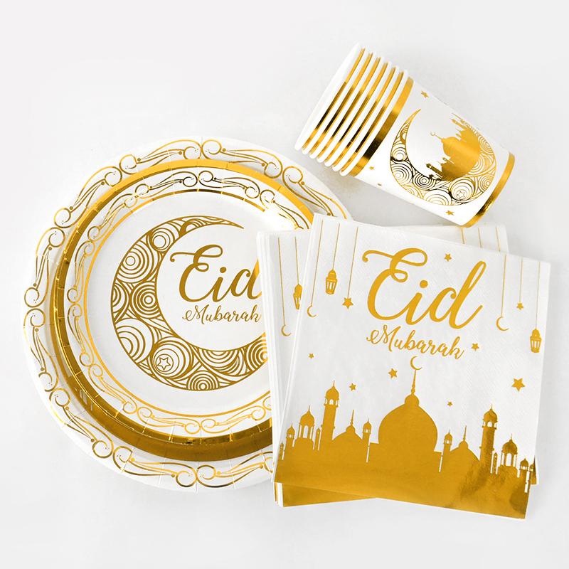 Eid Mubarak Einweggeschirr Goldteller Becher Banner Geschenktüten Islamische Muslimische Partyzubehör 2025 Ramadan Kareem Dekorationen