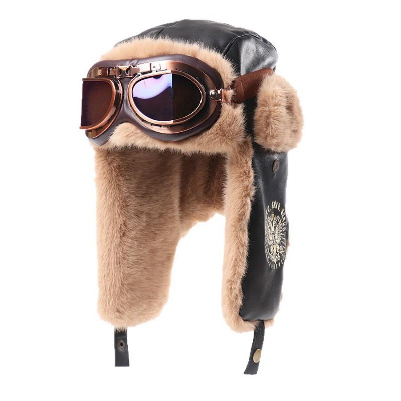 Vintage PU Leather Aviator Hat With Ear Flaps Goggle Strap Unisex Winter Warm Fleece Lined Cap
