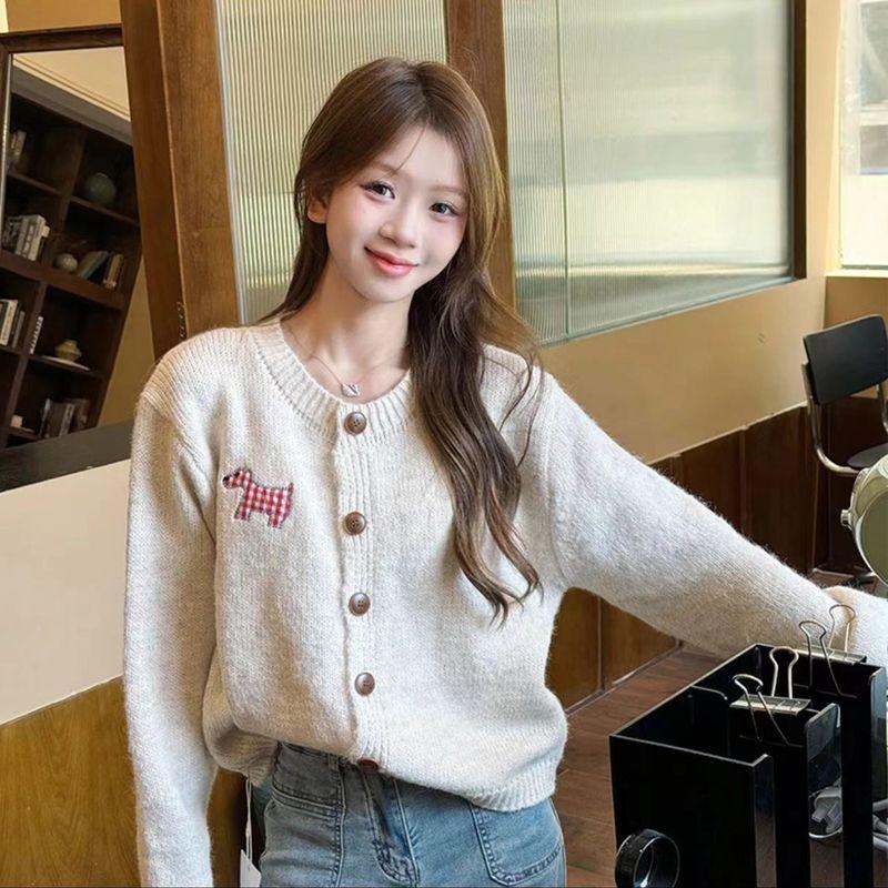 Puppy Applique Candy Color Sweet Long Sleeve Knit Cardigan Sweater Autumn and Winter New Women Clothes Idle Style Outerwear