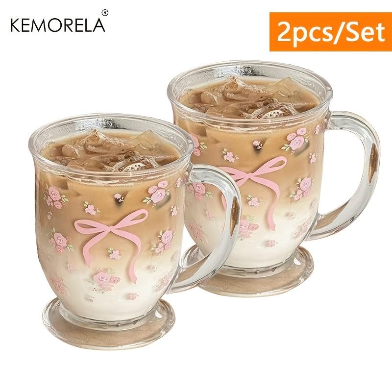 KEMORELA 1/2 ST Blomma Ros Rosett Mönster Glas 450ml Multifunktionell U-formad Handdiskbar Återanvändbar Glas Lämplig För Kaffe