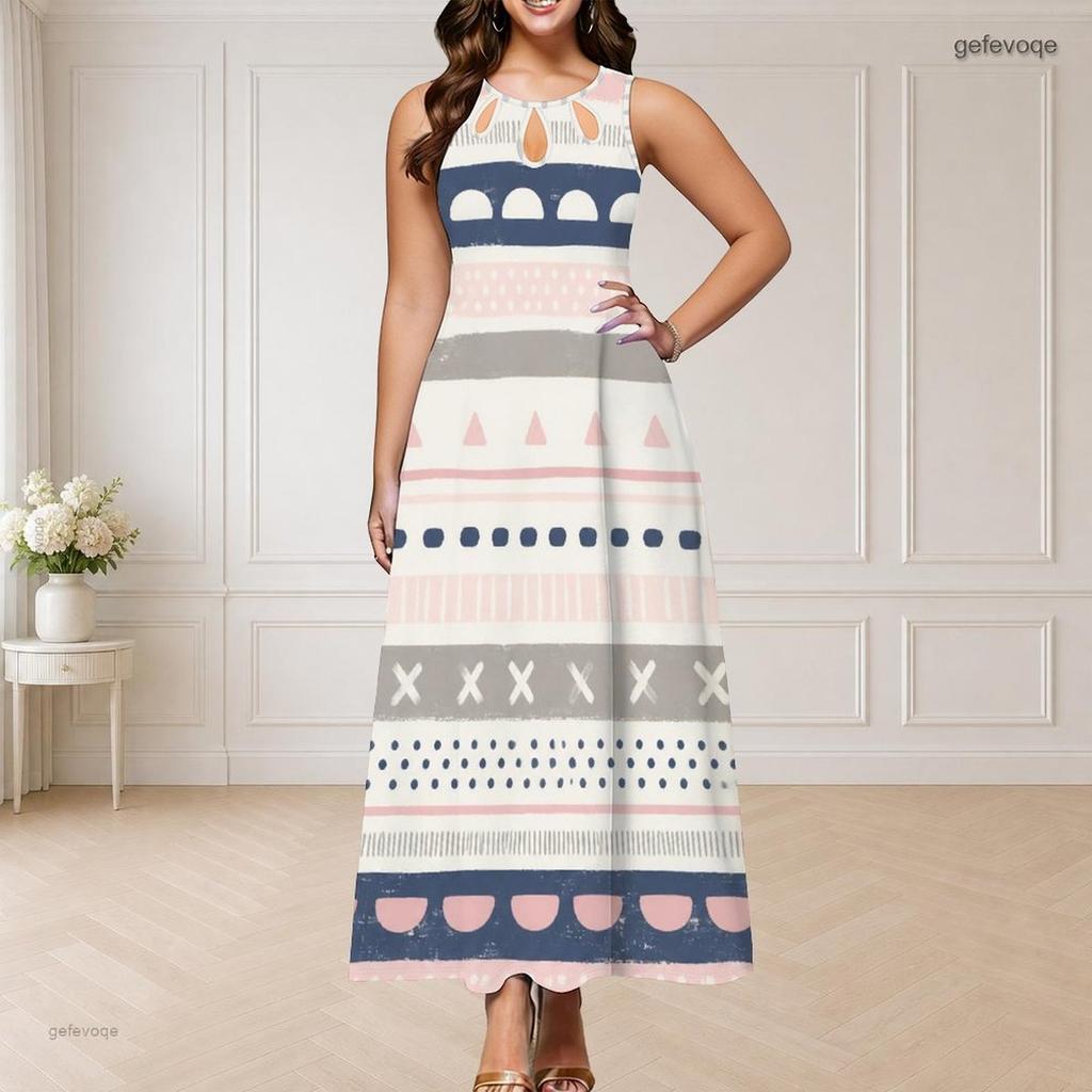 Women Plus Size Round Neck Triple Keyhole Cutout Sleeveless Printed Long Dress
