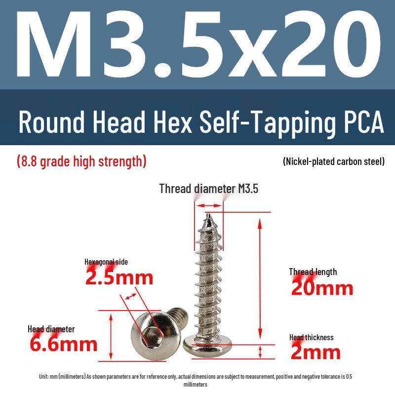 8.8 Grade Round Head Hex Socket Self-Tapping Screws M2-M4 Carbon Steel Bolts