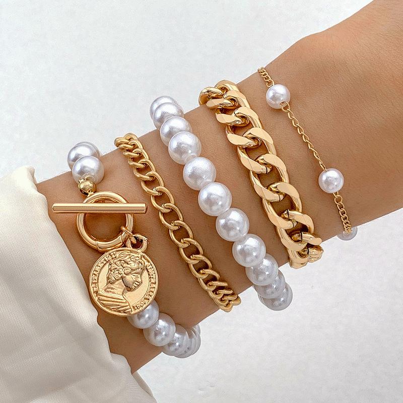 Korean version of multi-element Eiffel Tower pearl retro bracelet, coin six-piece jewelry multi-layer elastic bracelet