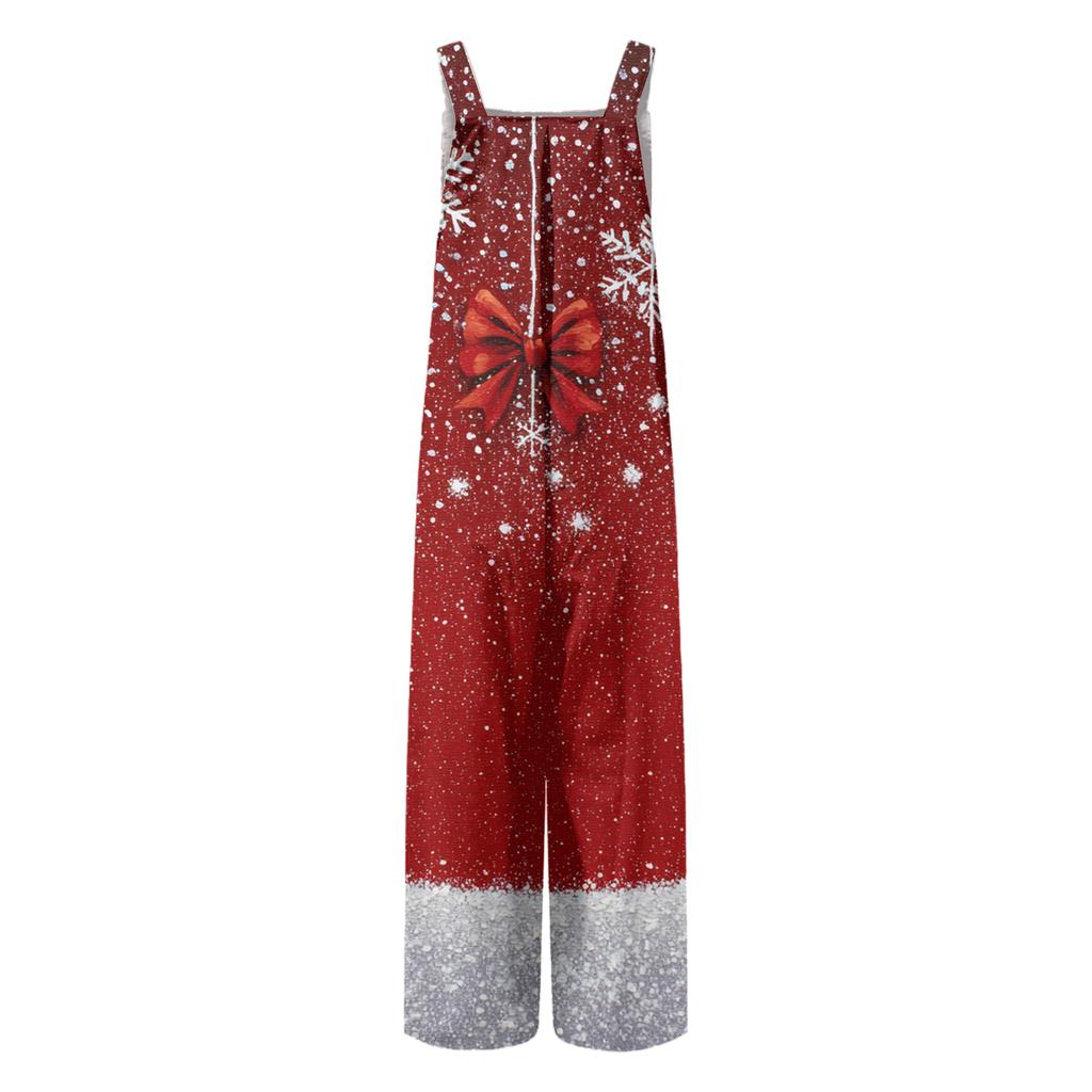 Women's Christmas Print Solid Wide Leg Strapless Tank Pocket Casual Onesie