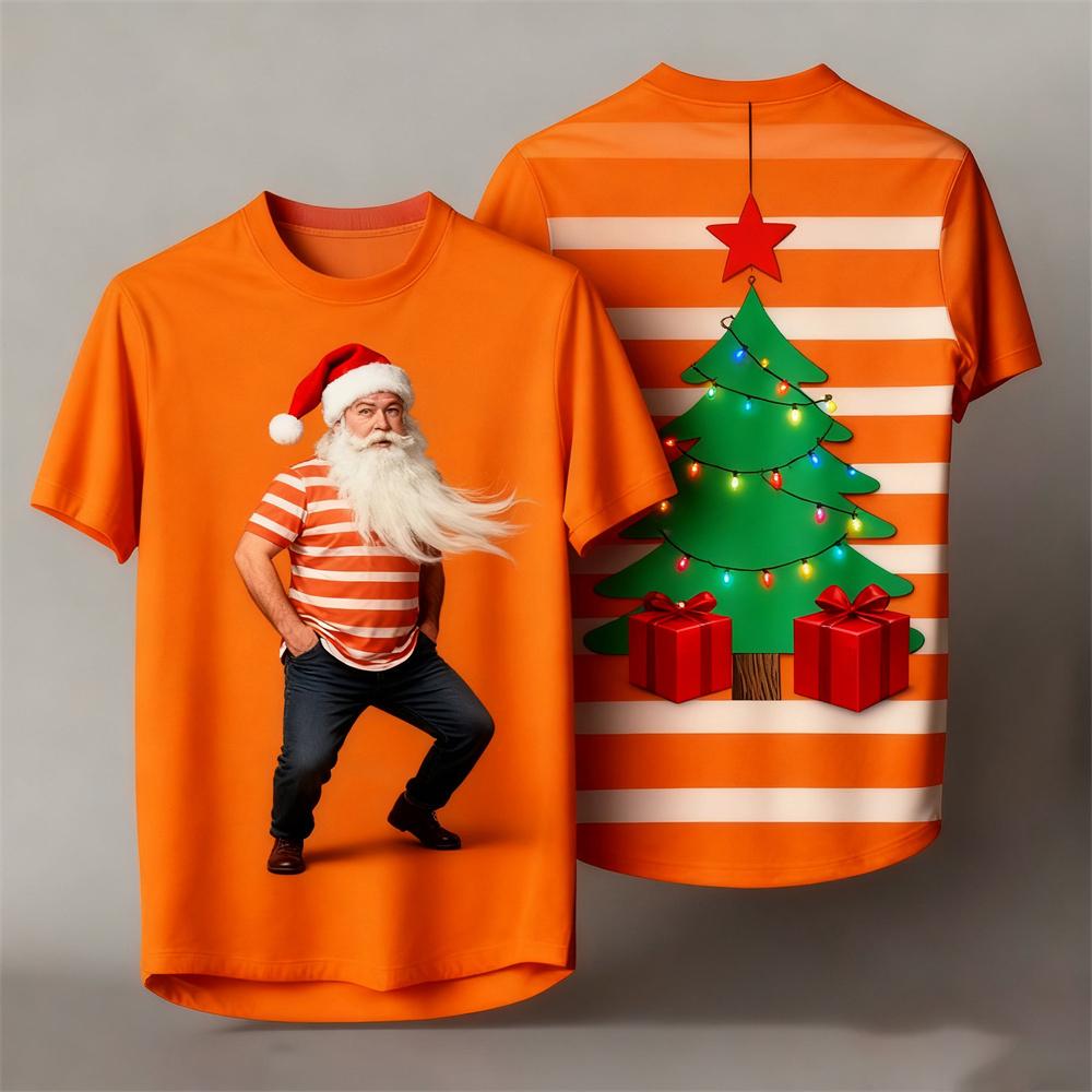 Christmas-Themed Men's Crew Neck Short-Sleeve T-Shirt 3D Santa Claus Striped Print Unisex Comfortable Breathable T-Shirt