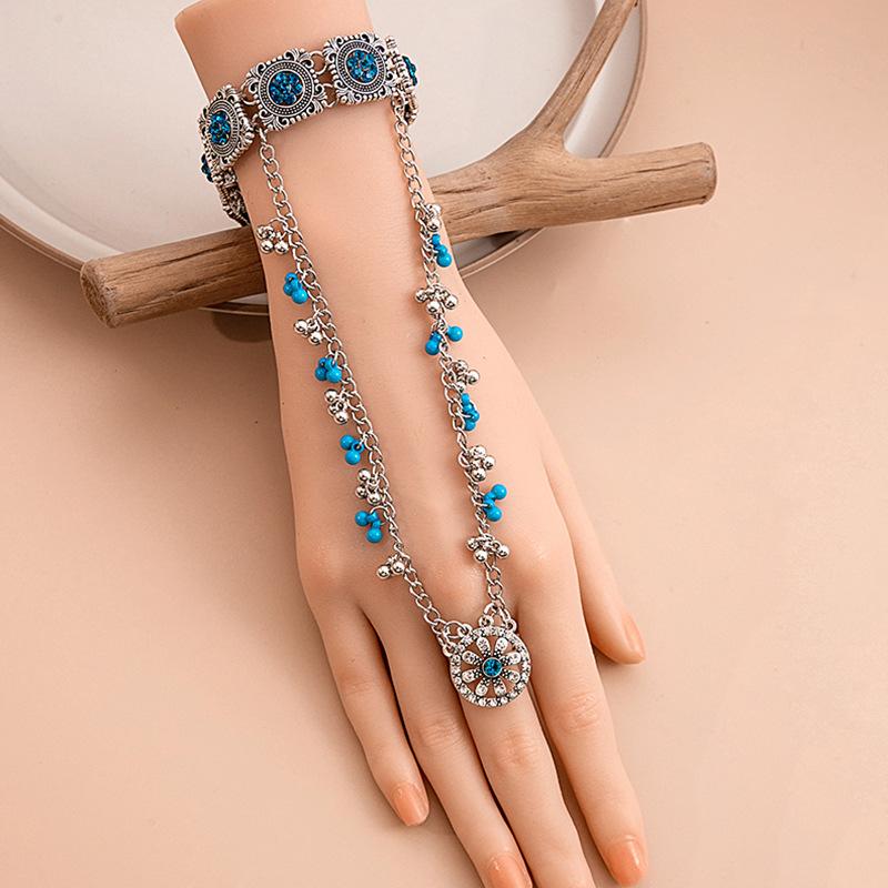 Ретро Этнический Стиль Геометрический Квадратный Браслет, Богемное Кольцо с Бахромой из Жемчуга и Бриллиантов, Интегрированная Цепочка для Женщин