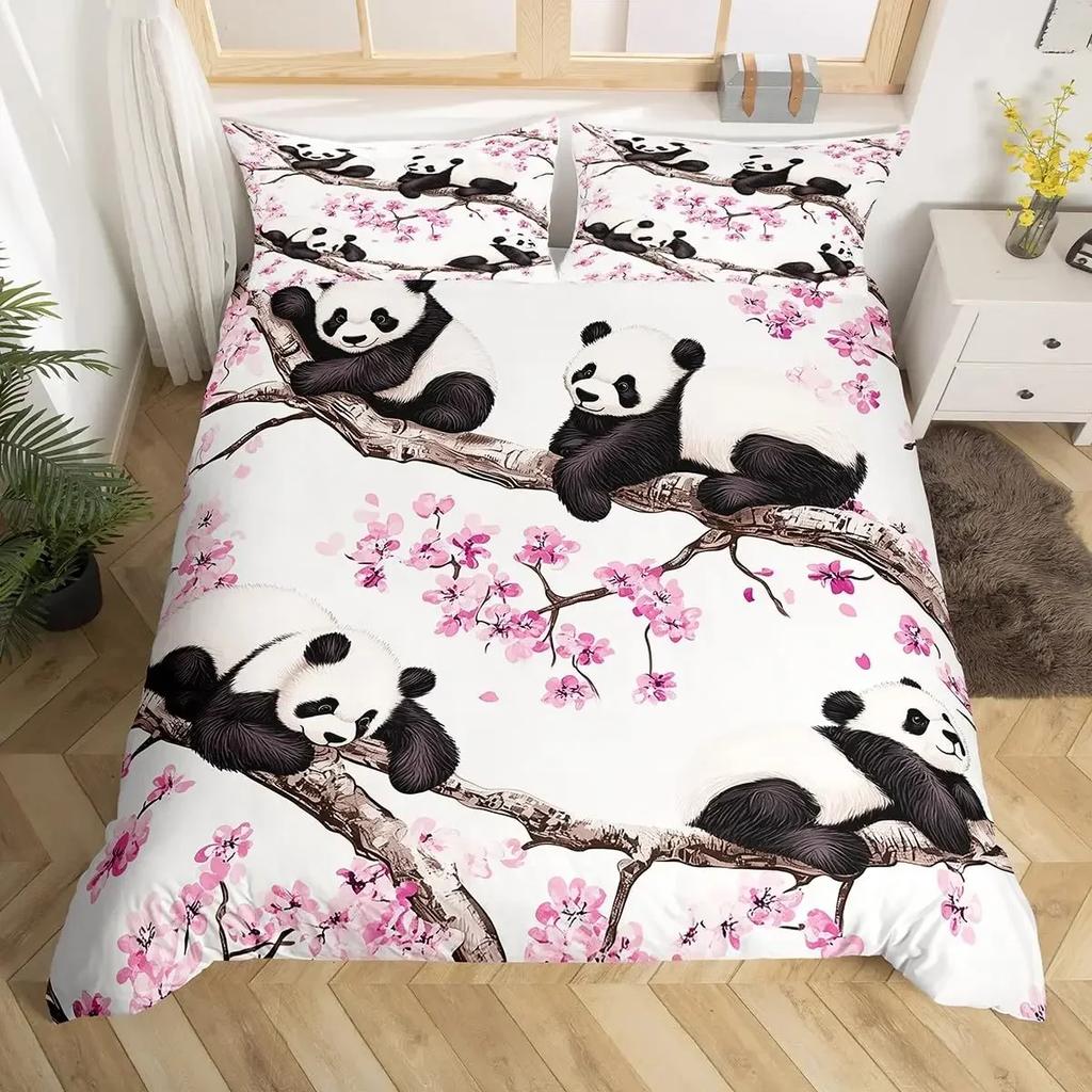 Panda Duvet Cover Cute Cartoon Animal Bedding Set Green Bamboo Print Comforter Cover Lovely Wild Animal Panda Bedspread Cover