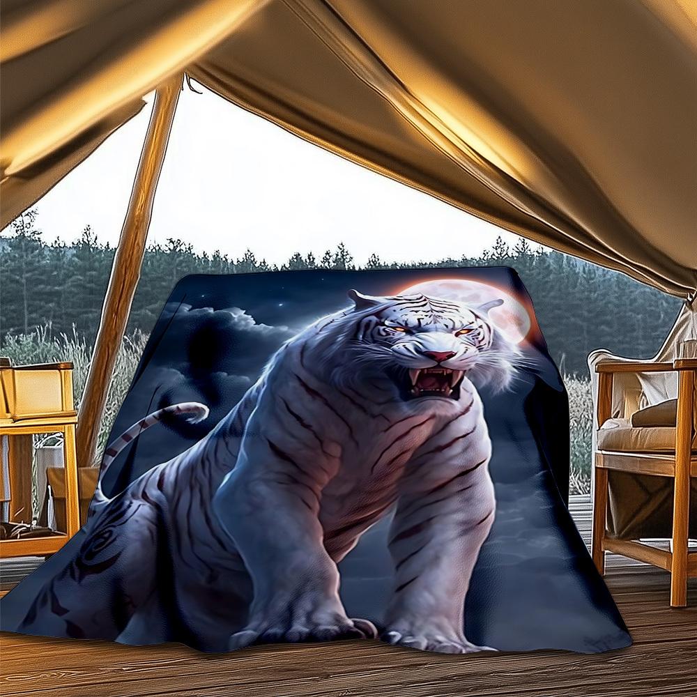 1pc White Tiger Moon Print Throw Blanket Polyester Fiber, Lightweight Flannel, Soft & Warm, All Season Use for Outdoor, Camping Digital Print