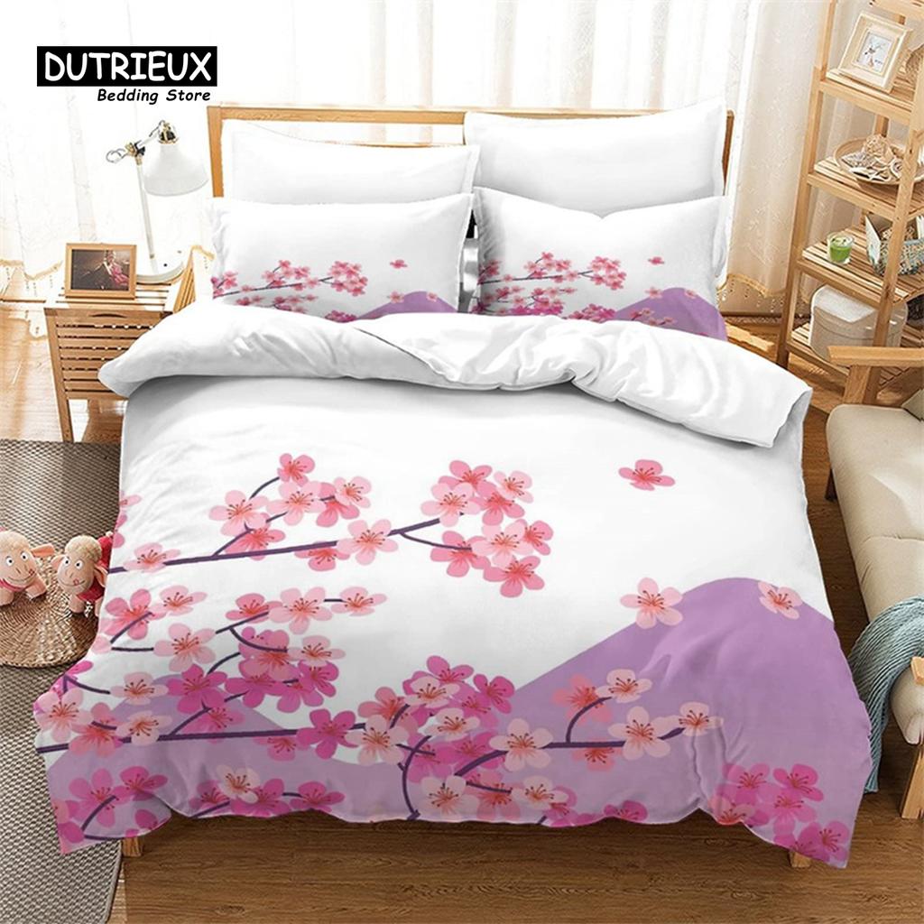 Cherry Blossoms Duvet Cover Set Japanese Floral Bedding Set Microfiber Romantic Theme Quilt Cover Twin King For Valentine's Day