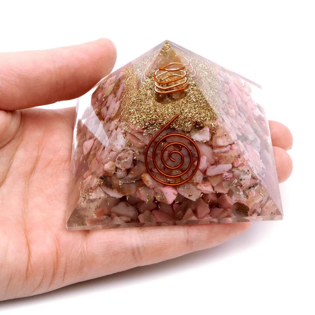 [GOLD STONE] Natural Orgonite Pyramid with Single Quartz Crystal, Spiritual Item, Approximately 65-70mm Wide, Pink Opal