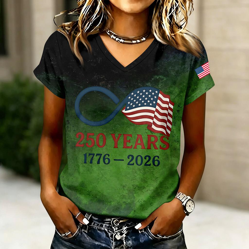Women's Casual V Neck Short Sleeve T Shirt with Letter Print 250 Years 1776-2026 American Flag Graphic Top Summer Tee