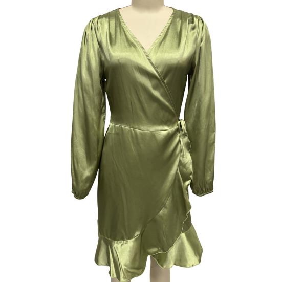 Women Mini Dress V-Neck Lantern Long Sleeve Side Lace-up Dress