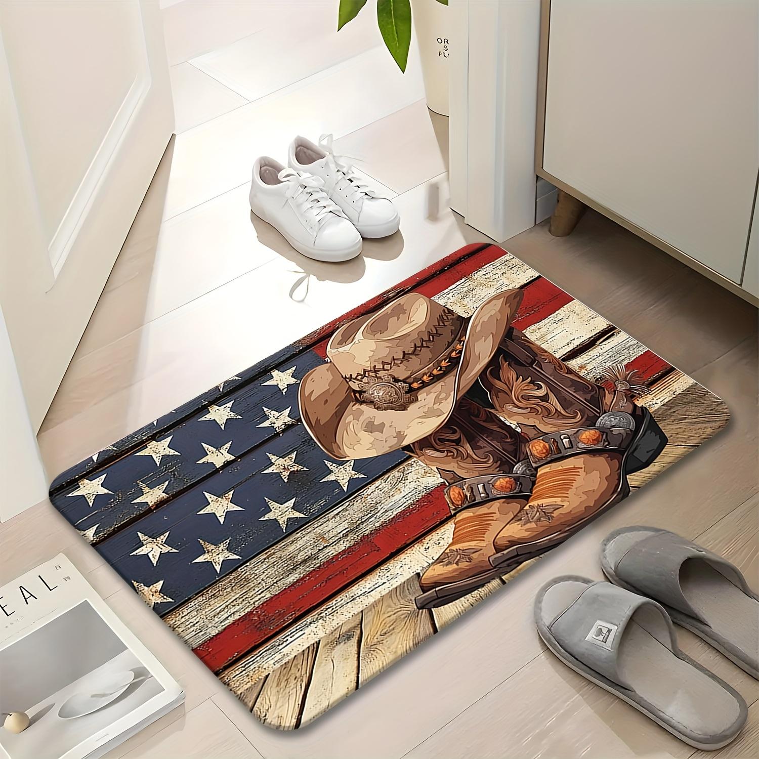 

Retro American Flag Cowboy Doormat Ultra-Soft Flannel Rug, Western Boot Hat Design Non-Slip Machine Washable Door Mat 40x60cm