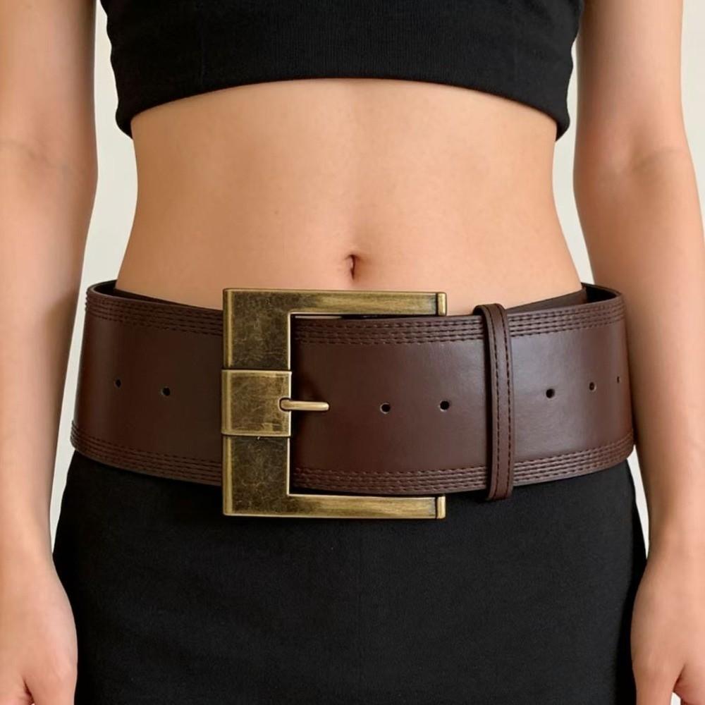 Effen Kleur Brede Tailleband Y2K PU Leer Taillebanden Metalen Gesp Brede Riem Broek Decoratie