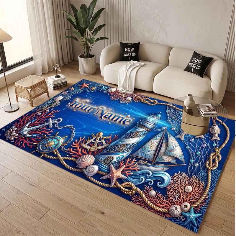 Fish Ocean Theme Soft Crystal Velvet Rug Custom Name & Text Print Non Slip Floor Rug for Bedroom Living Room