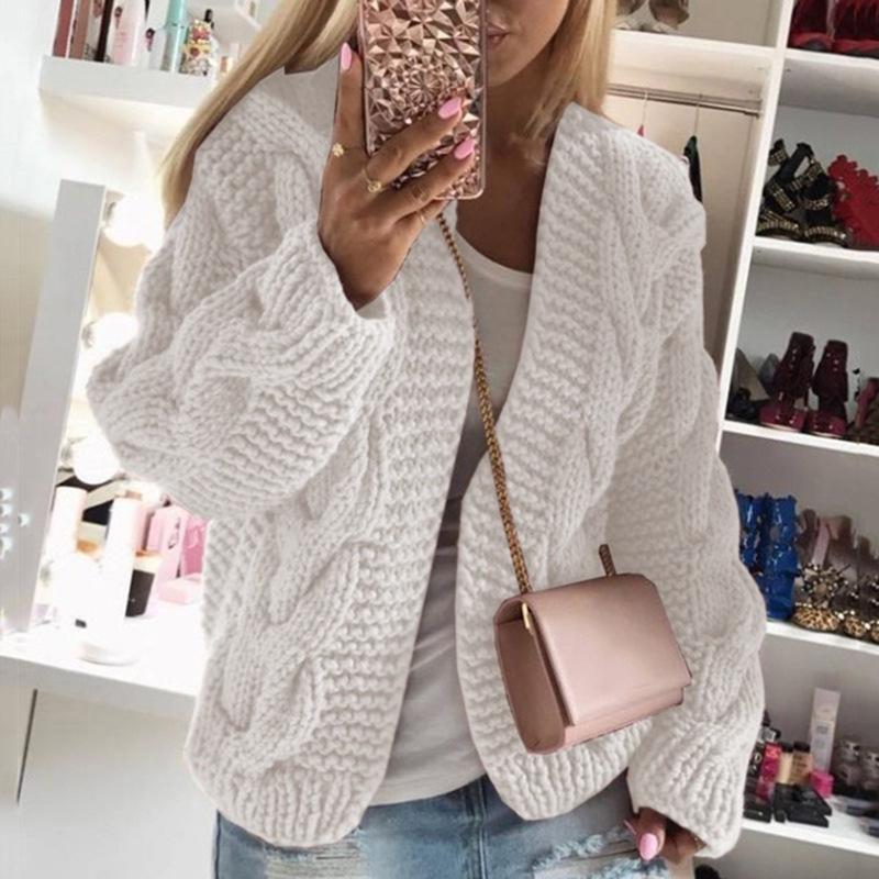 2026 Autumn/Winter Bestseller: Women's Cable Knit Hat Cardigan, European & American Style Chunky Sweater, Solid Color