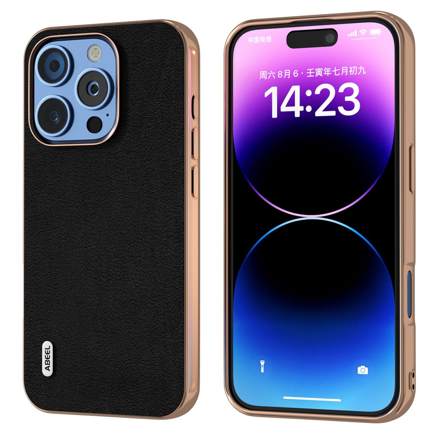 

ABEEL For iPhone 16 Pro Case Electroplating Edge Genuine Cow Leather+PC+TPU Phone Cover Black