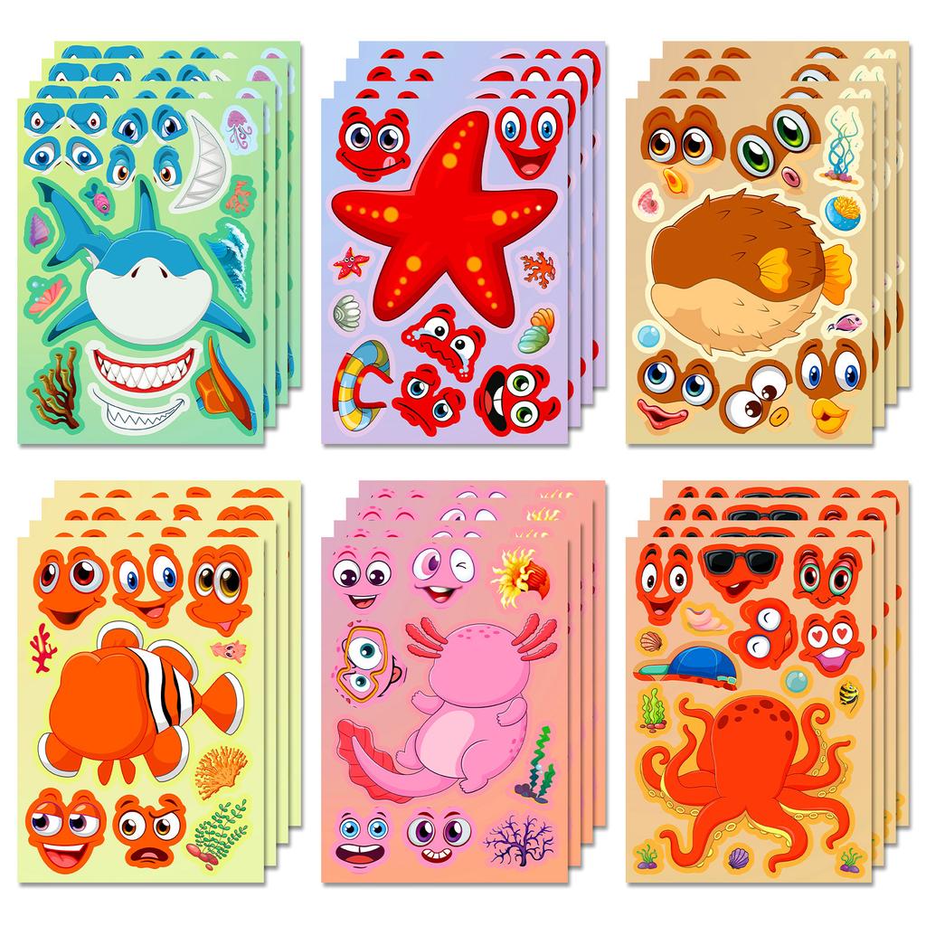 6 Photos/pack of Cute Marine Creatures Repeatable Puzzle Stickers Waterproof Stickers
