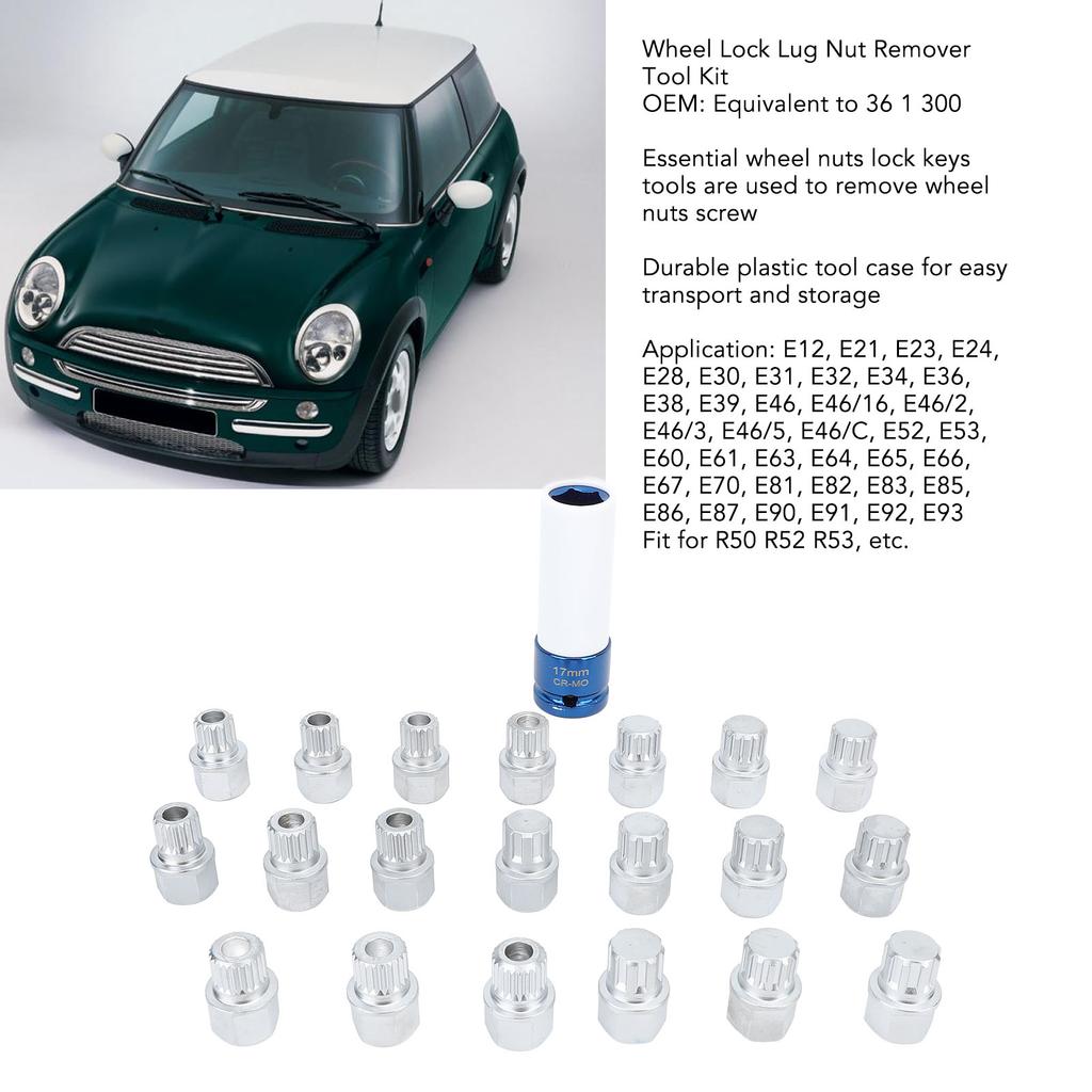 21pcs Wheel Lock Lug Nut Remover Tool Kit With 1/2in Drive Adapter Steel Chrome Plated 36 1 300 for R50 R52 R53