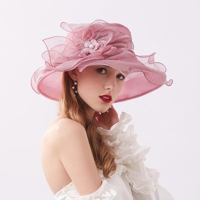 Mesh Flower Organza Sun Hat Wide Brim Derby Hat Solid Color Breathable Elegant Church Hat Wedding Bridal Bucket Hat Beach Hats for Women